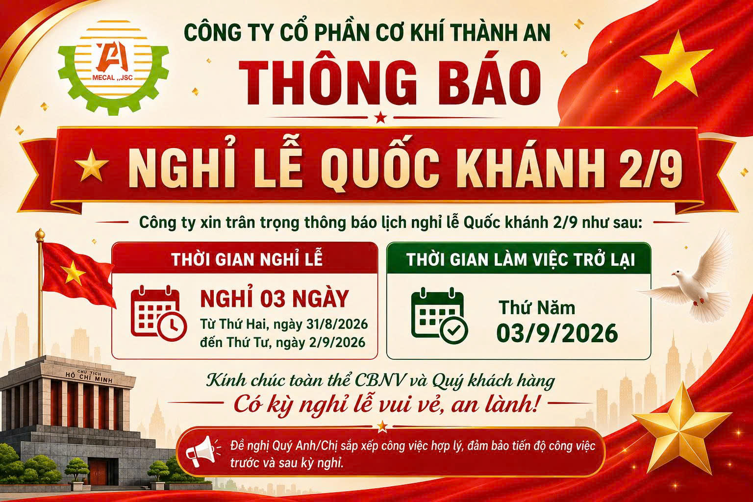 Lịch nghỉ lễ Quốc Khánh 2/9